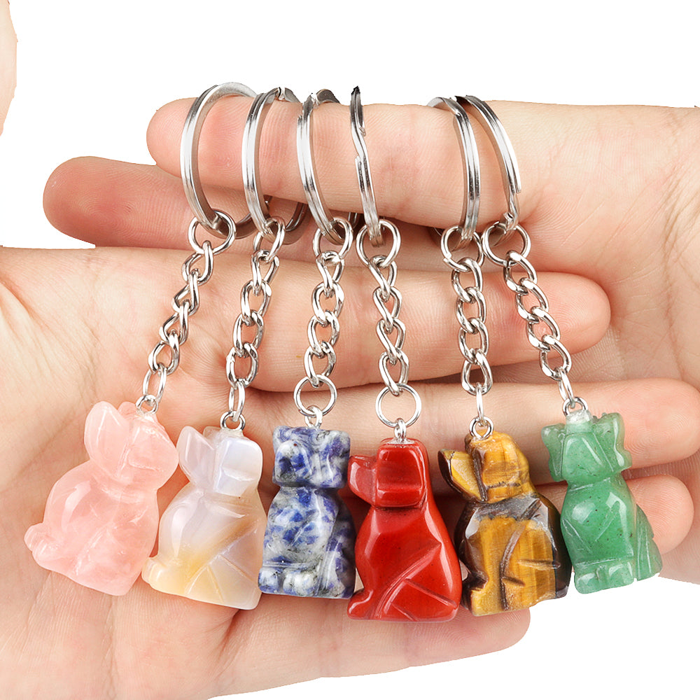 1.0 Inch Hand Carved Gemstone Dog Pendant Keychain #KC2316S-A1