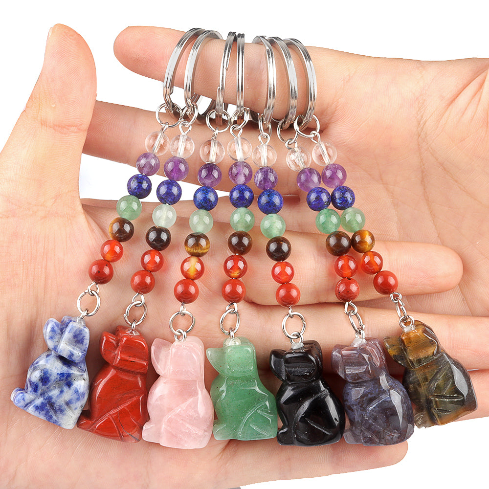 1.0 Inch Hand Carved Dog Gemstone Pendant Keychain 7 Chakra Beads Chain #KC2316S-A4