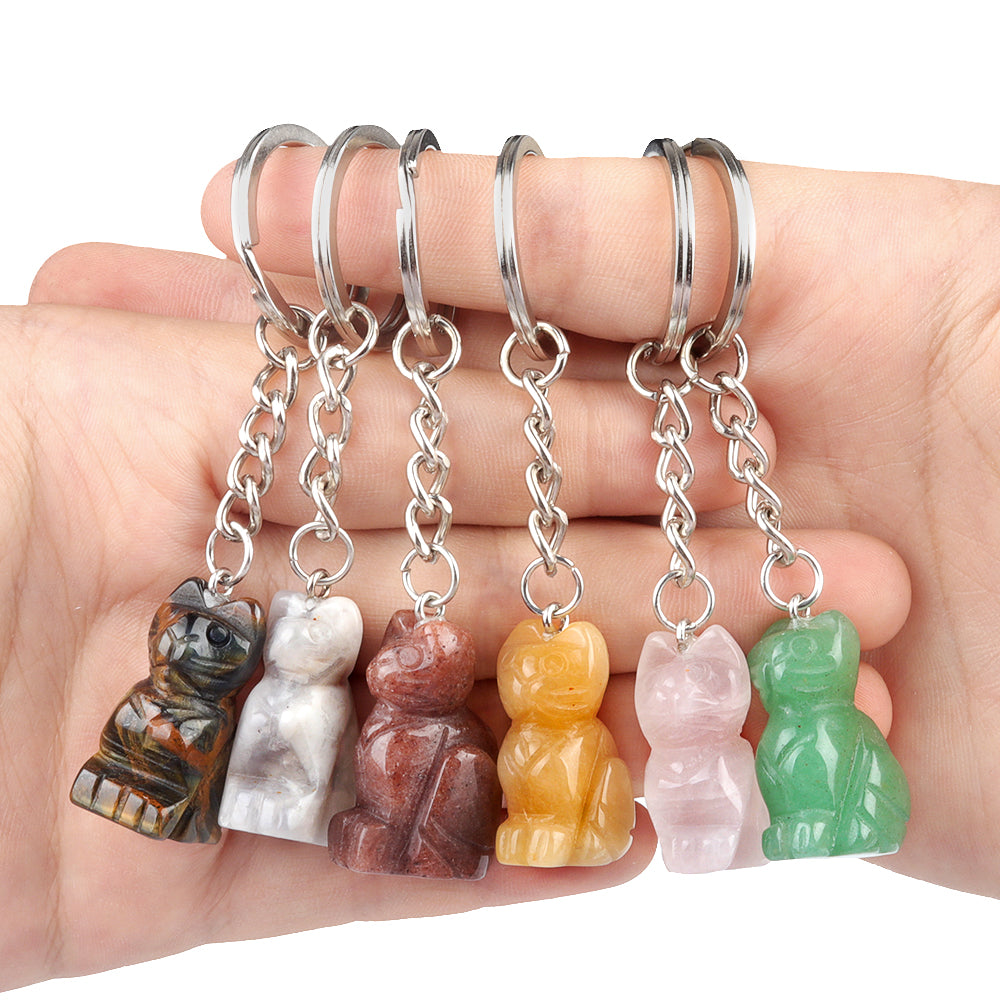 1.0Inch Handmade Craved Gemstone Cat Animal Pendant Keychain #KC2319-A1