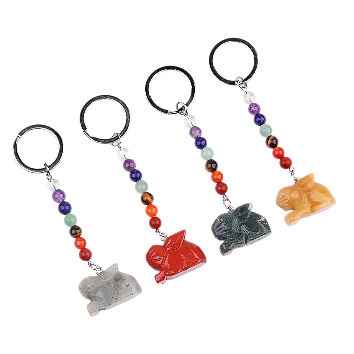 1.0Inch Handmade Craved Rabbit Animal Gemstone Pendant Keychain 7 Chakra Beads Chain #KC2320S-A4