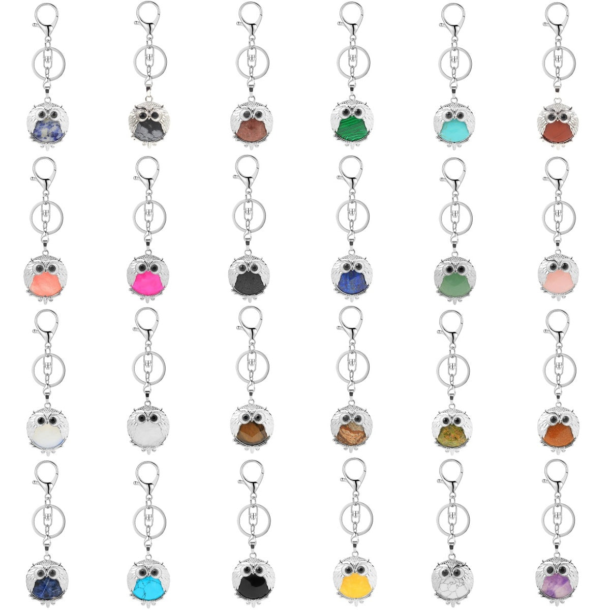 Silver Owl Gemstone Pendant Bird Animal Keychain KC1758S Lobster Clasp Keyc Chain