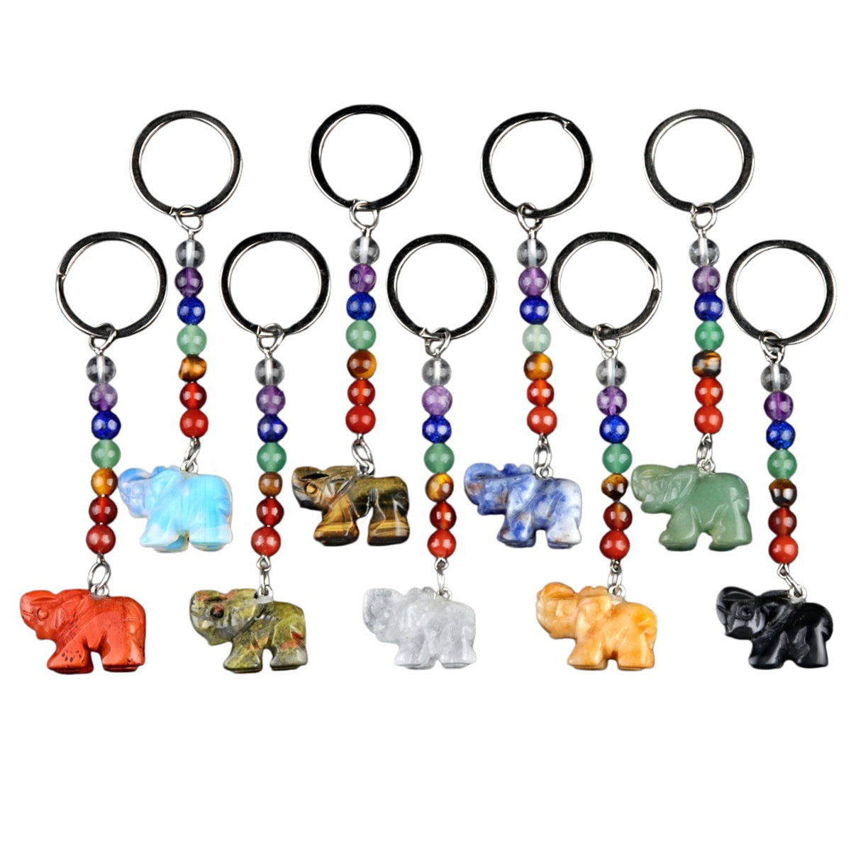 1 Inch Elephant Gemstone Pendant Keychain 7 Chakra Beads Chain #KC2307S-A4