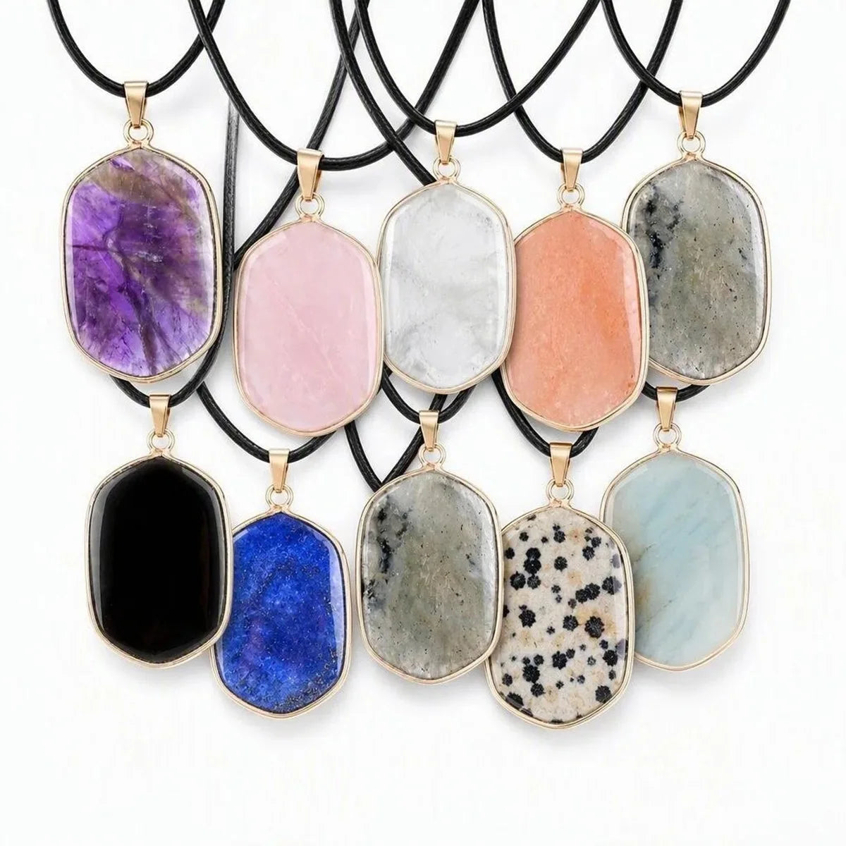 Natural Stone Necklace Pendants Gold Plated Faceted Rectangle Crystal Charms with Black Cord for Women Men Jewelry Making #SN2059