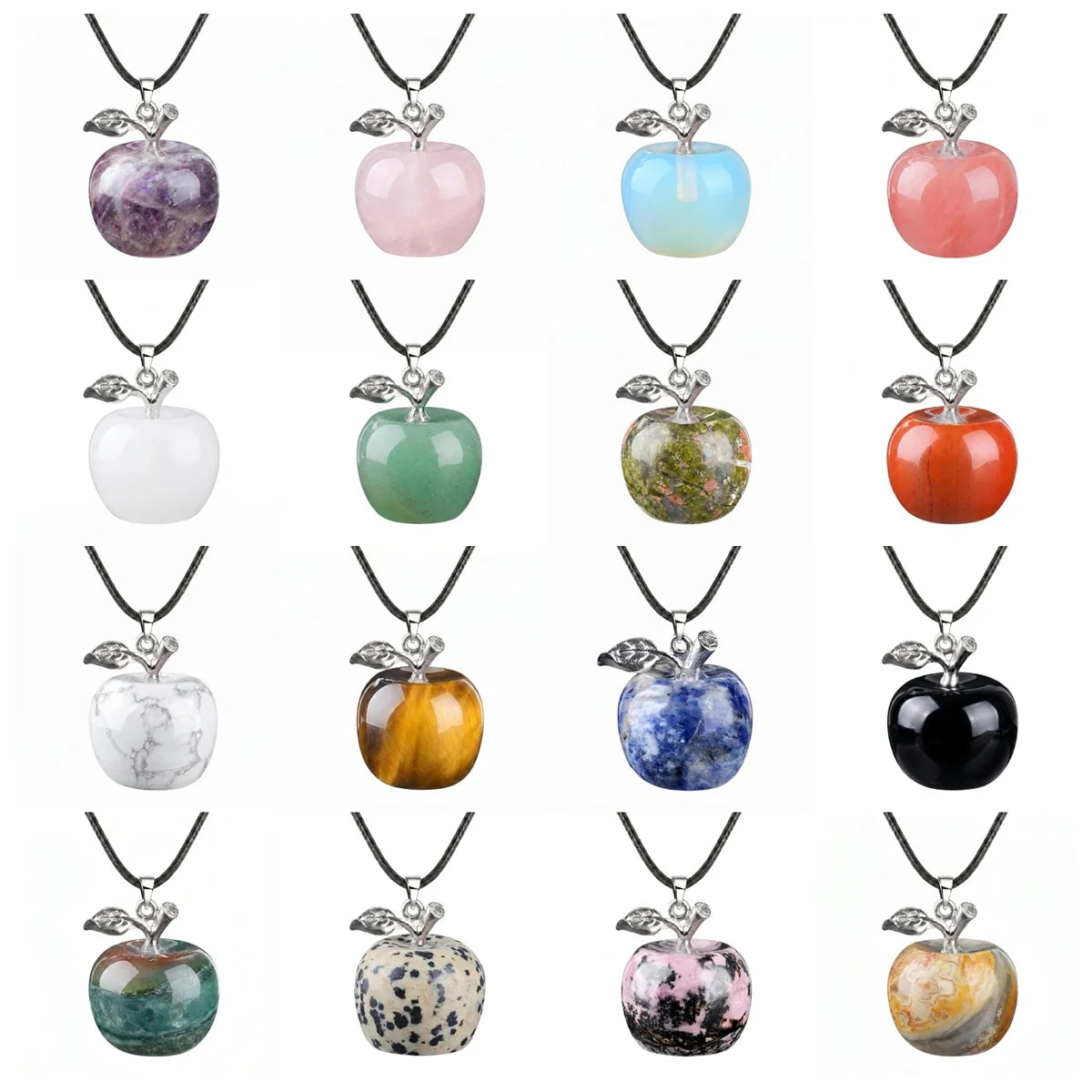 Natural Gemstone Apple Necklace for Women Men Healing Chakra Hand-Carved Crystal Pendant with Adjustable 18" Black Cord SN1371
