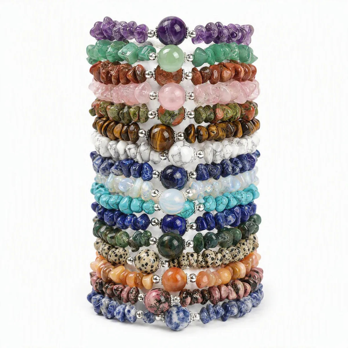 Natural Chip Gemstone Bracelet 10mm Round Focal Bead Adjustable Chain Healing Crystal Boho Stackable Bracelets for Women #SB3158