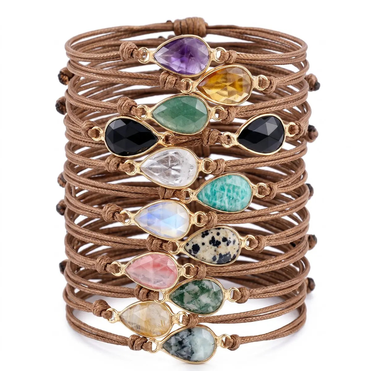 Teardrop Faceted Crystal Bracelet Adjustable Brown Wax Cord Braided Bezel‑Set Healing Gemstone Unisex Handmade Jewelry #SB3129