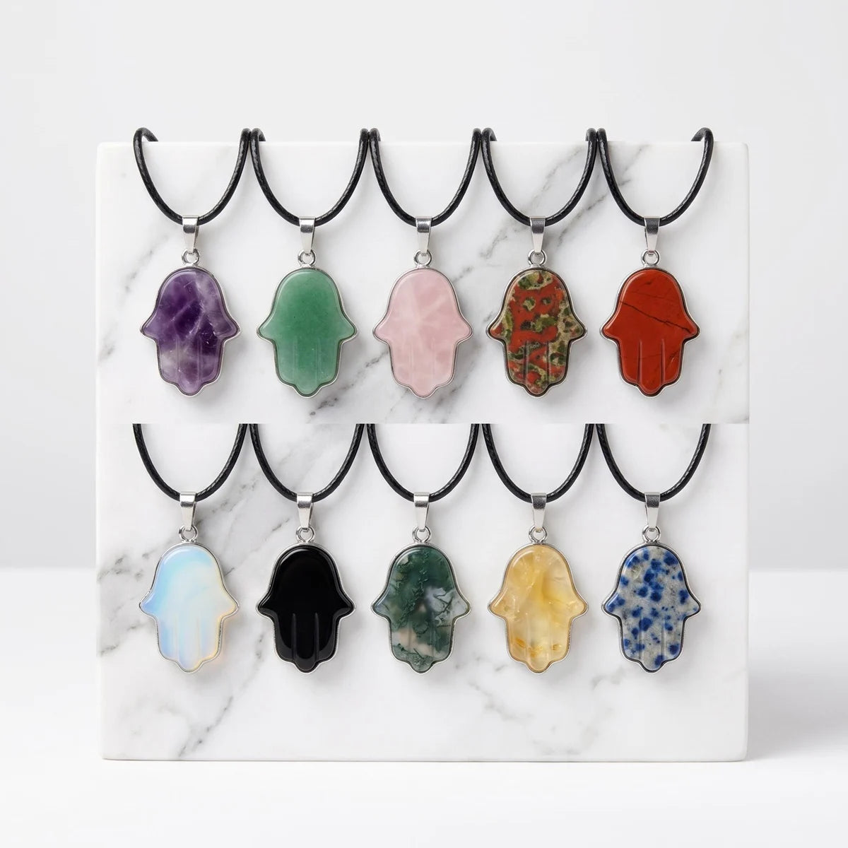 Hamsa Hand Natural Gemstone Pendant Necklace Evil Eye Protection Healing Stone Spiritual Jewelry Gift For Women 45cm Cord SN0671