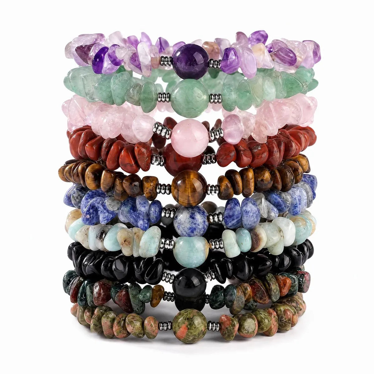 Natural Chip Gemstone Bracelet 10mm Optional Focal Round Bead Handmade Boho Stackable Healing Crystal Bracelet for Women #SB3159