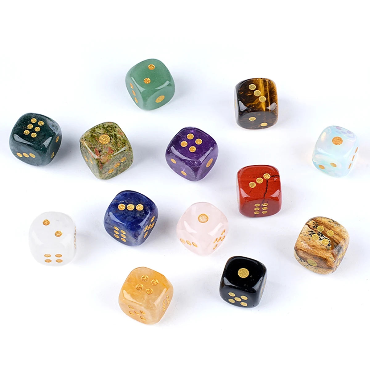 12PCS Unique Gemstone Dice Beads Pendants for D&D Natural Stone Six-Sided Game Velvet Storage Bag for Role Playing