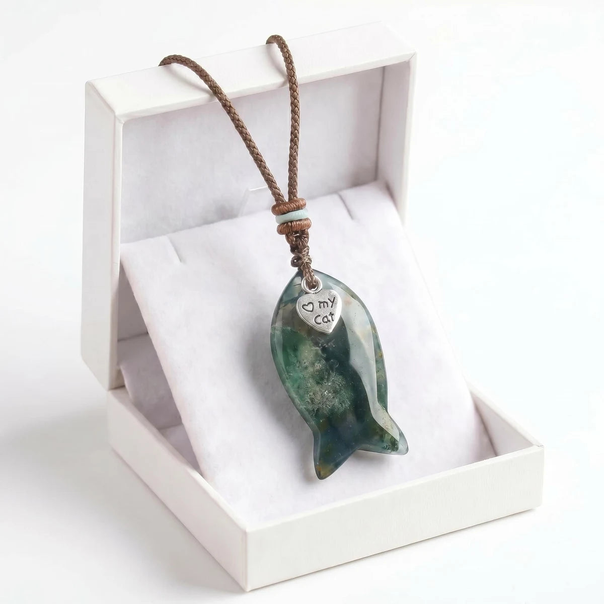 Moss Agate Adjustable Braided Rope Choker Necklace with Gemstone Fish & I Love My Cat Metal Heart Charm Gift with Box
