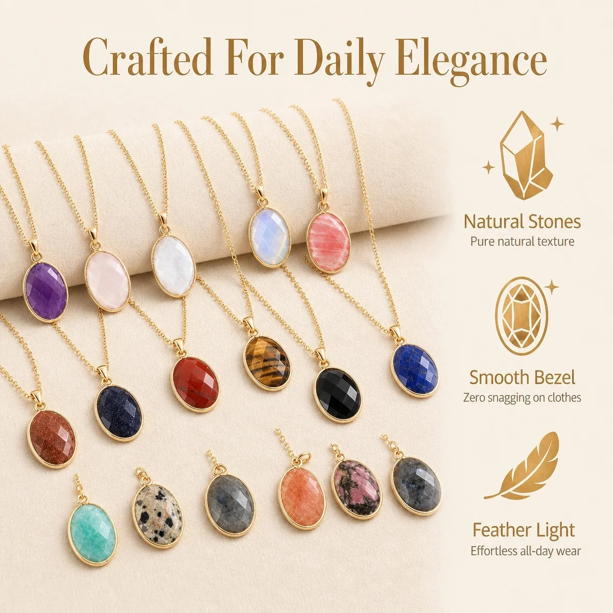 Mixed Gemstone Faceted Oval Gold Frame Pendant Necklace Dainty Gold Chain Unisex Crystal Jewelry for Daily Wear