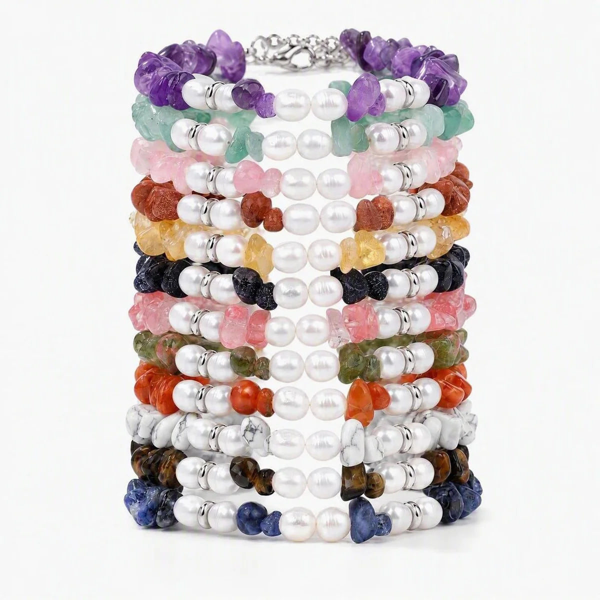 Handmade Healing Crystal Chip Bracelet Freshwater Pearl Beads Silver Extension Chain Women Fashion Stackable Bracelet #SB3136