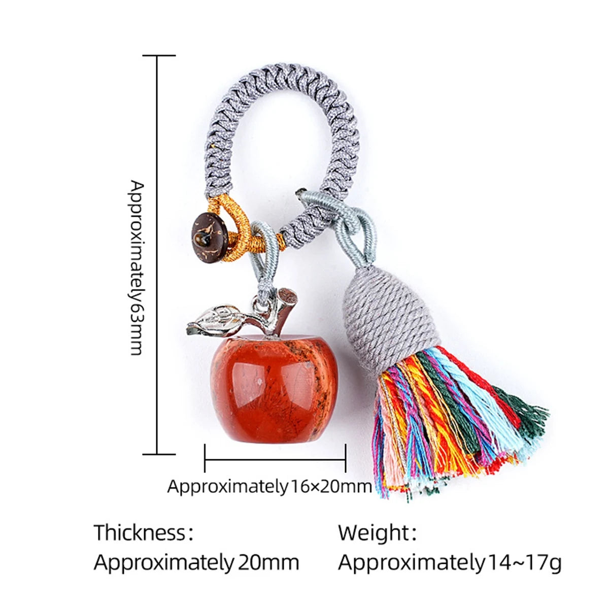 Handmade Craved Healing Chakra Crystal 20MM Natural Gemstone Apple Tassel Keychain Healing Crystal Bag Charm Key Ring KC1371