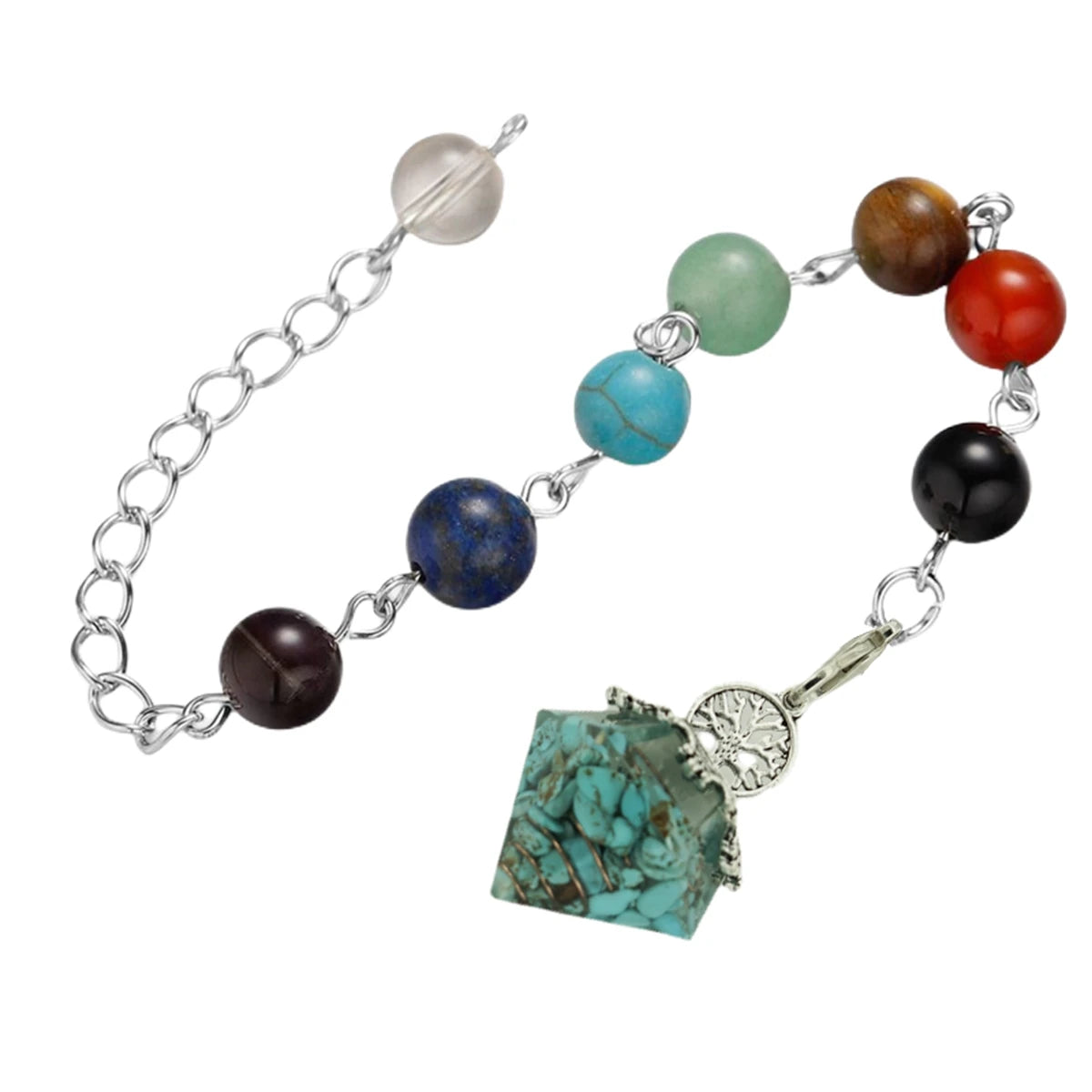 7 Chakra Chain Orgone Crystal Pendulum, Natural Gemstone Chip Resin Pyramid Pendant, Spiritual Reiki Dowsing Tool for Wicca Divination & Meditation