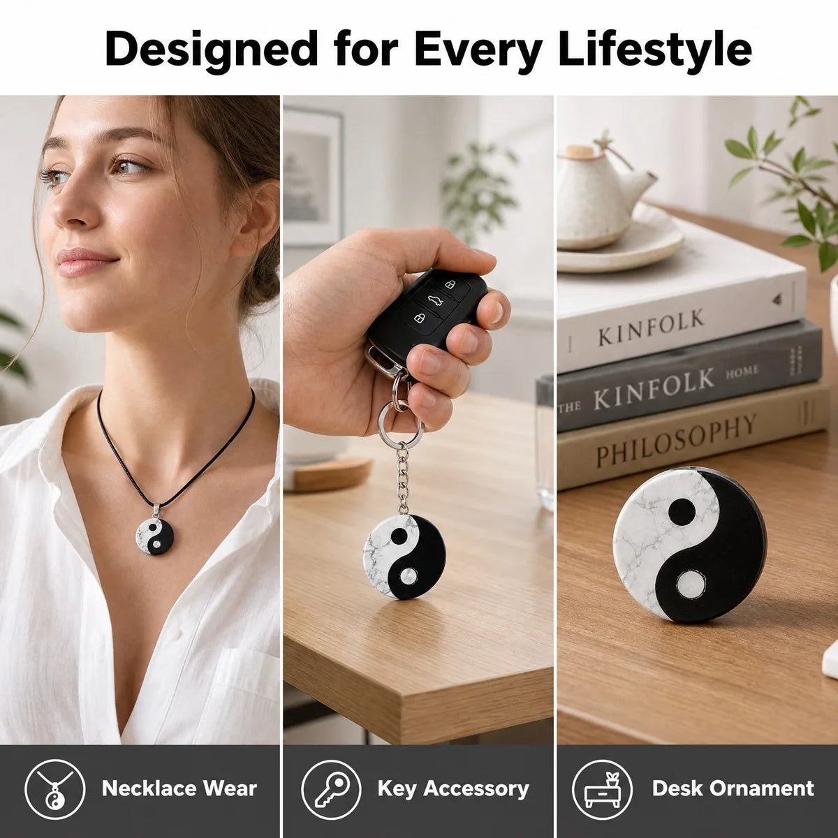 Yin Yang Necklace Natural Howlite Obsidian Tai Chi Pendant Zen Balance Amulet 25mm Fengshui Ornament for Decoration & Jewelry