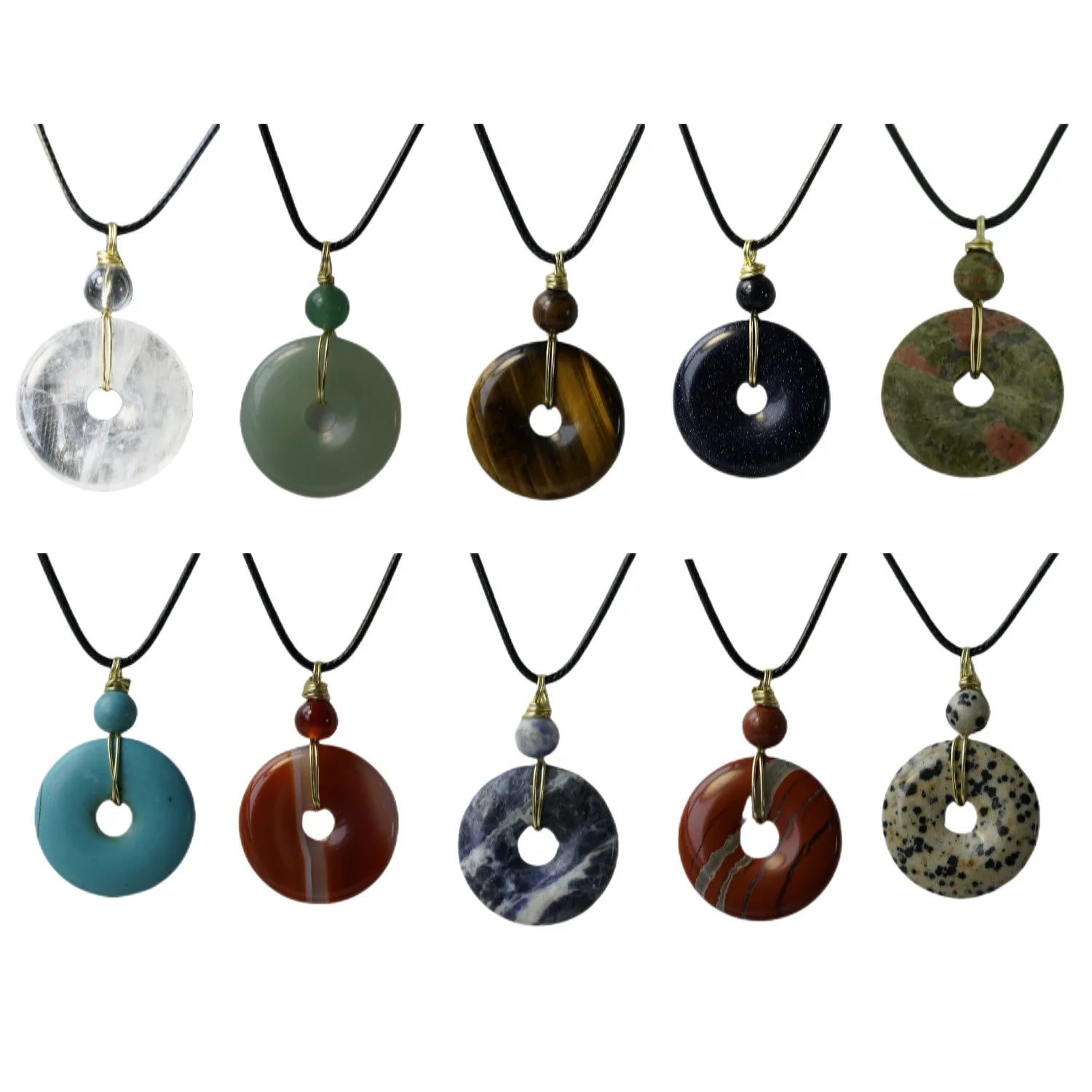 Natural Crystal Necklace for Women Mens 1.2 Inch Gemstone Donut Lucky Coin Pendant with Copper Wire Wrapped Choker