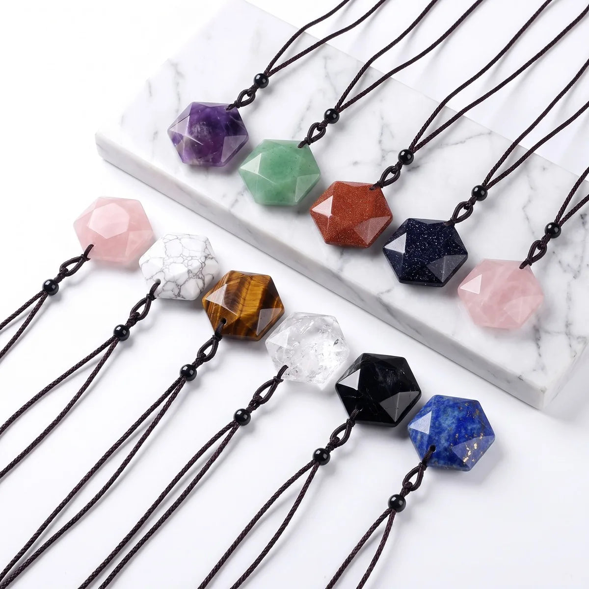 Hot Sale Mixed Gemstones Star Hexagon Shape Necklaces Quartz Agate Lapis Lazuli Chokers with Adjustable Cord
