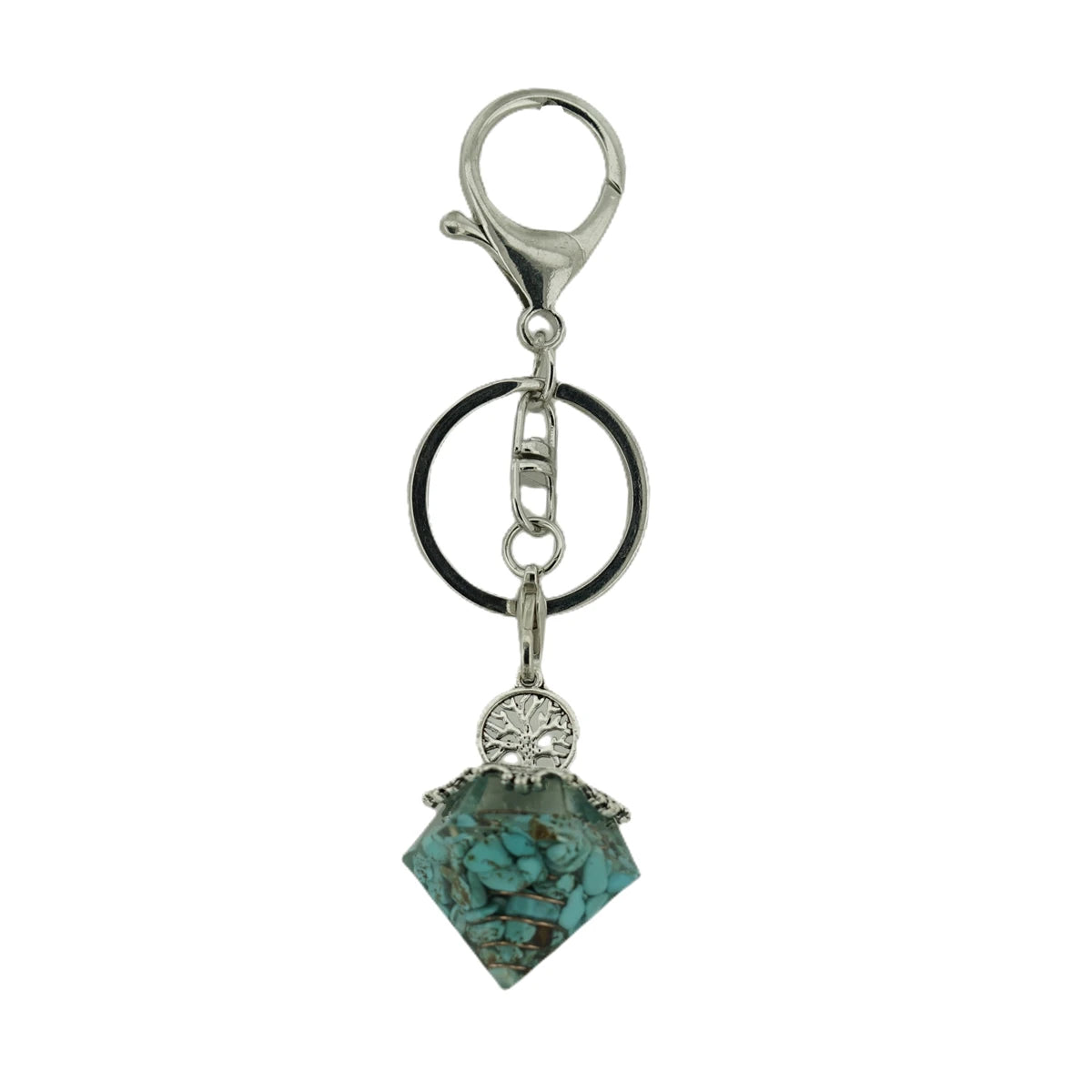 Orgone Crystal Faceted Cone Keychain, Sacred Tree of Life Charm, Genuine Stone Chip Resin Amulet Keyring Accessory for Men & Women