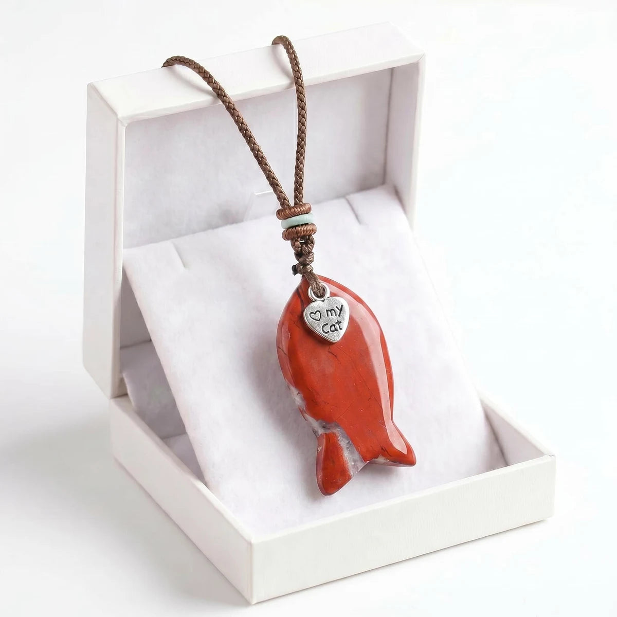 Red Jasper Adjustable Braided Rope Choker Necklace with Gemstone Fish & I Love My Cat Metal Heart Charm Gift with Box
