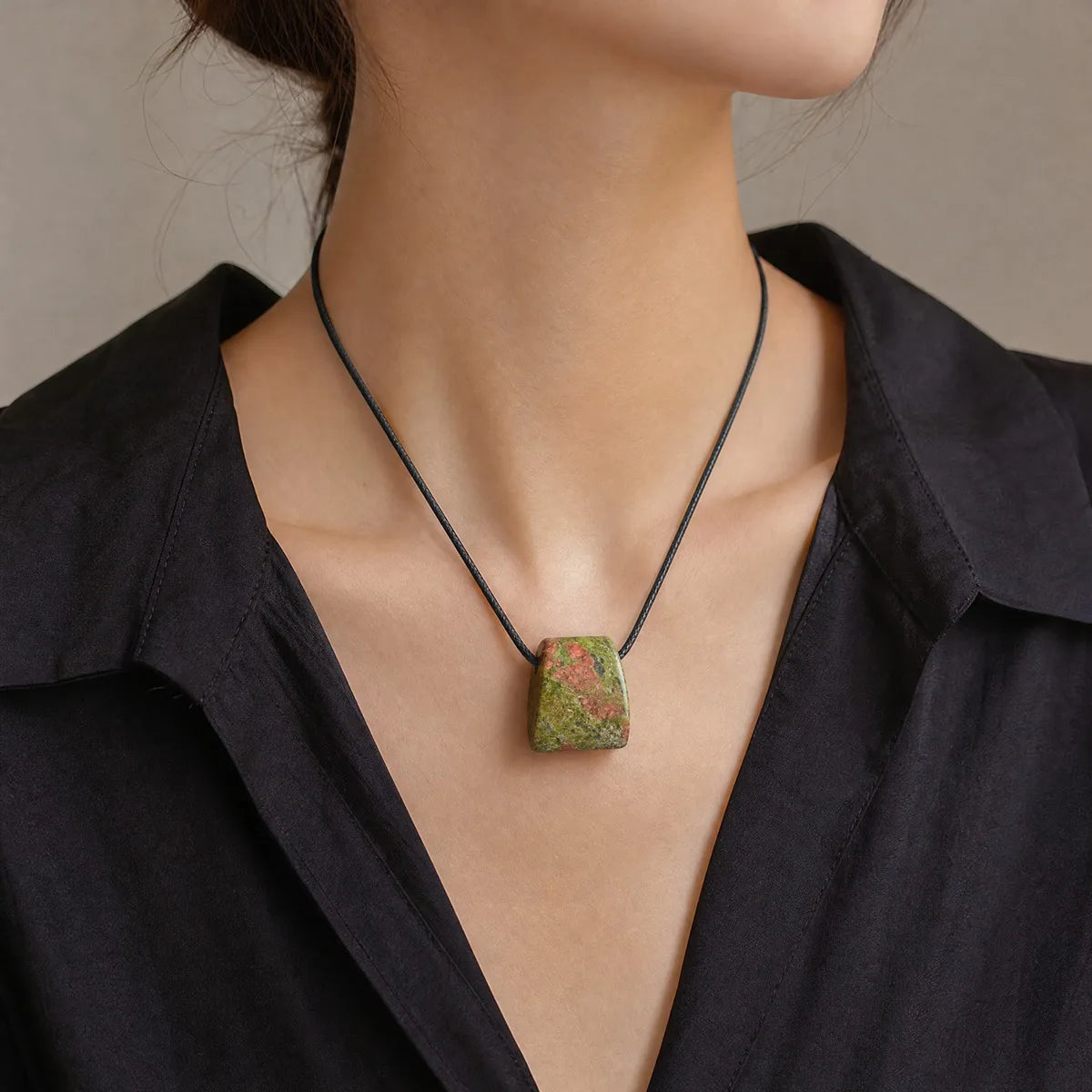 Unakite Trapezoid Crystal Choker Necklace Unisex Healing Chakra Gemstone Jewelry Adjustable Rope Comes in Gift Box