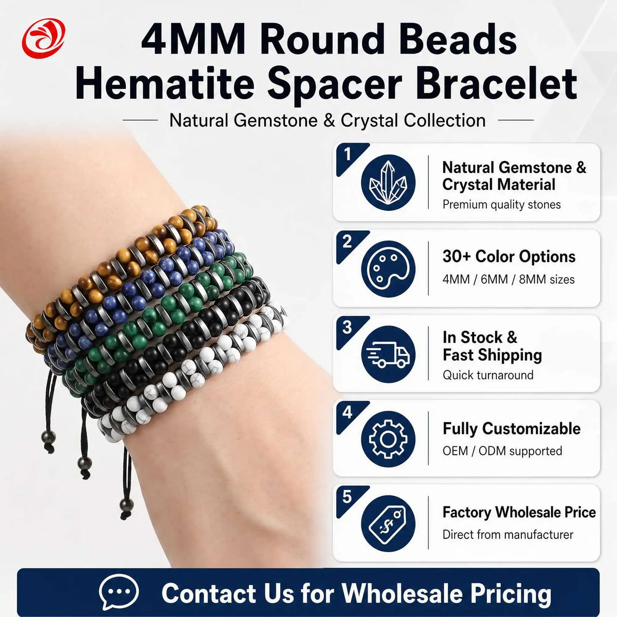 4mm Natural Gemstone Beaded Bracelet, Hematite Spacer Adjustable Macrame Drawstring Unisex Healing Crystal Wristband Multi‑Stone Choice Gift