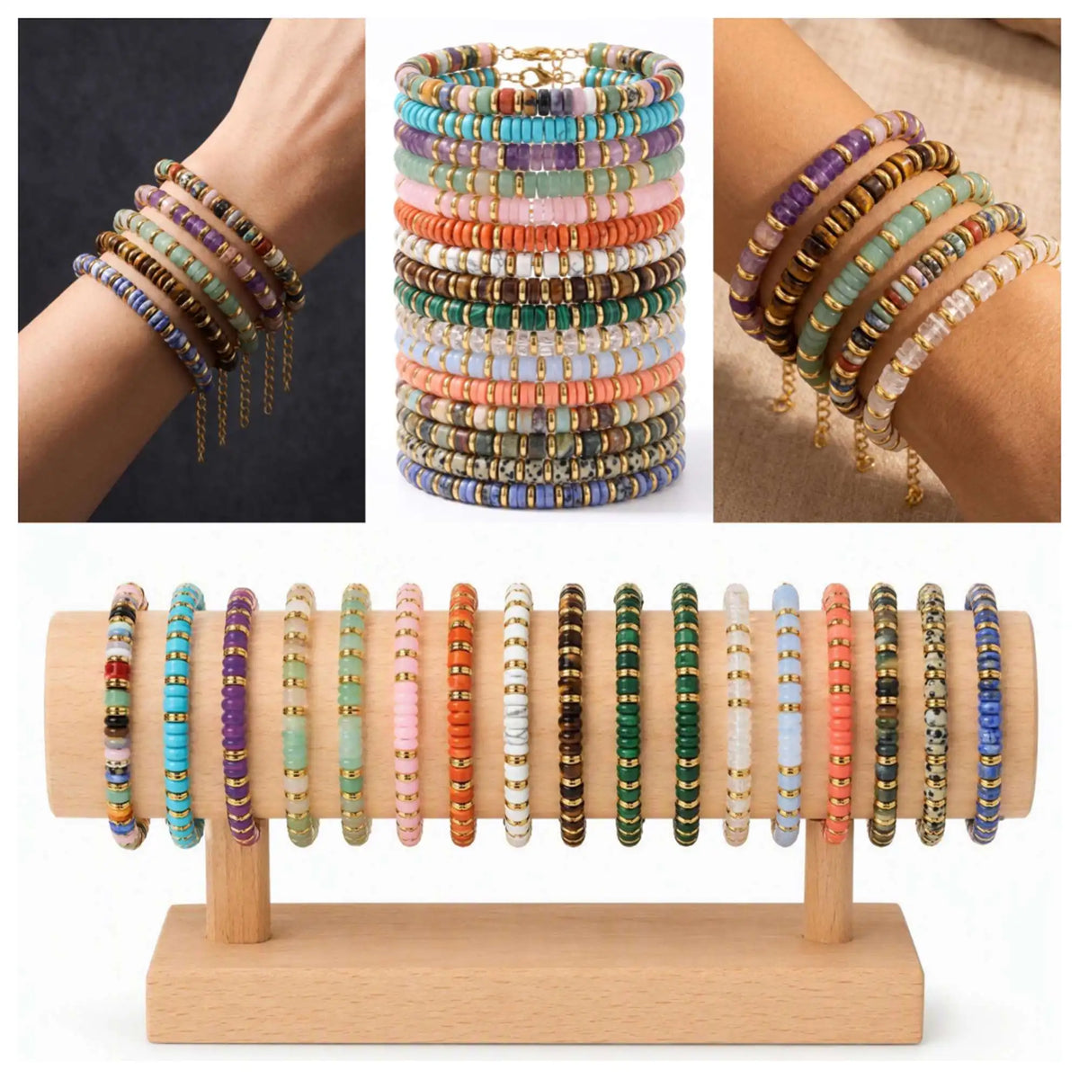 Natural Stone 6mm Disc Bead Gold Plated Bracelet Adjustable Chain Heishi Wheel Bead Gemstone Bracelet for Women #SB3142