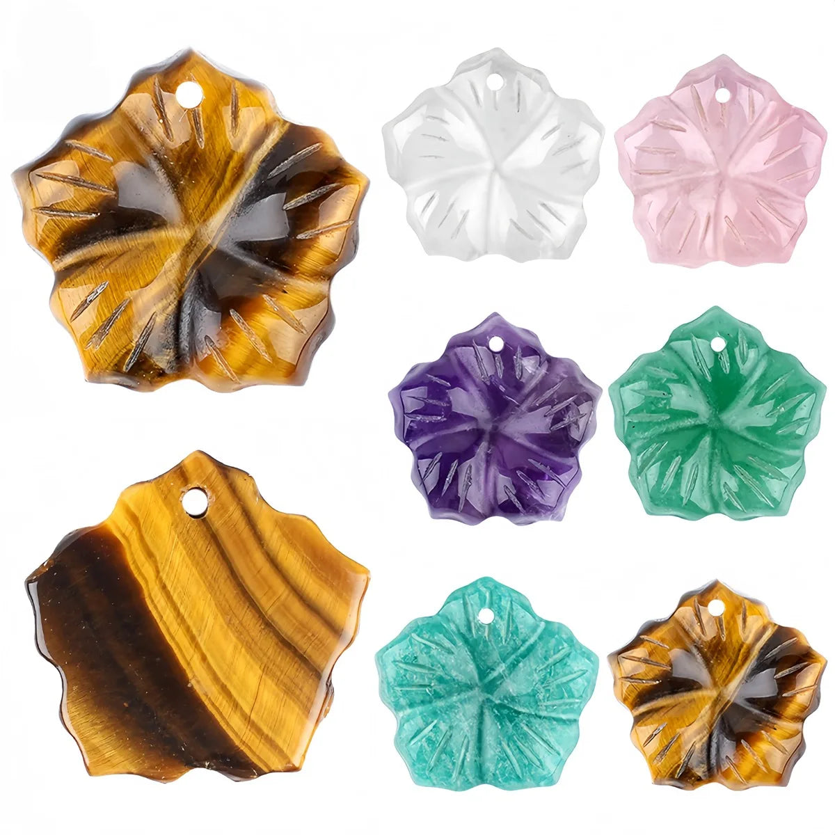 20mm Hand Carved Natural Crystal Flower Pendant, Mixed Gemstone Stone Charm with Hole for DIY Necklace Jewelry Making
