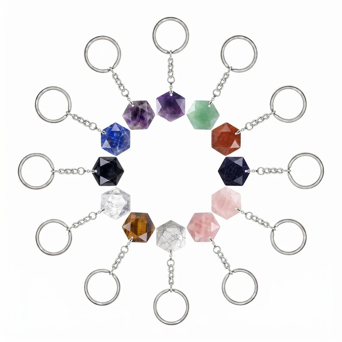 22mm Faceted Hexagon Natural Stone Keychain Healing Crystal Bag Charm Ring Jewelry Gift