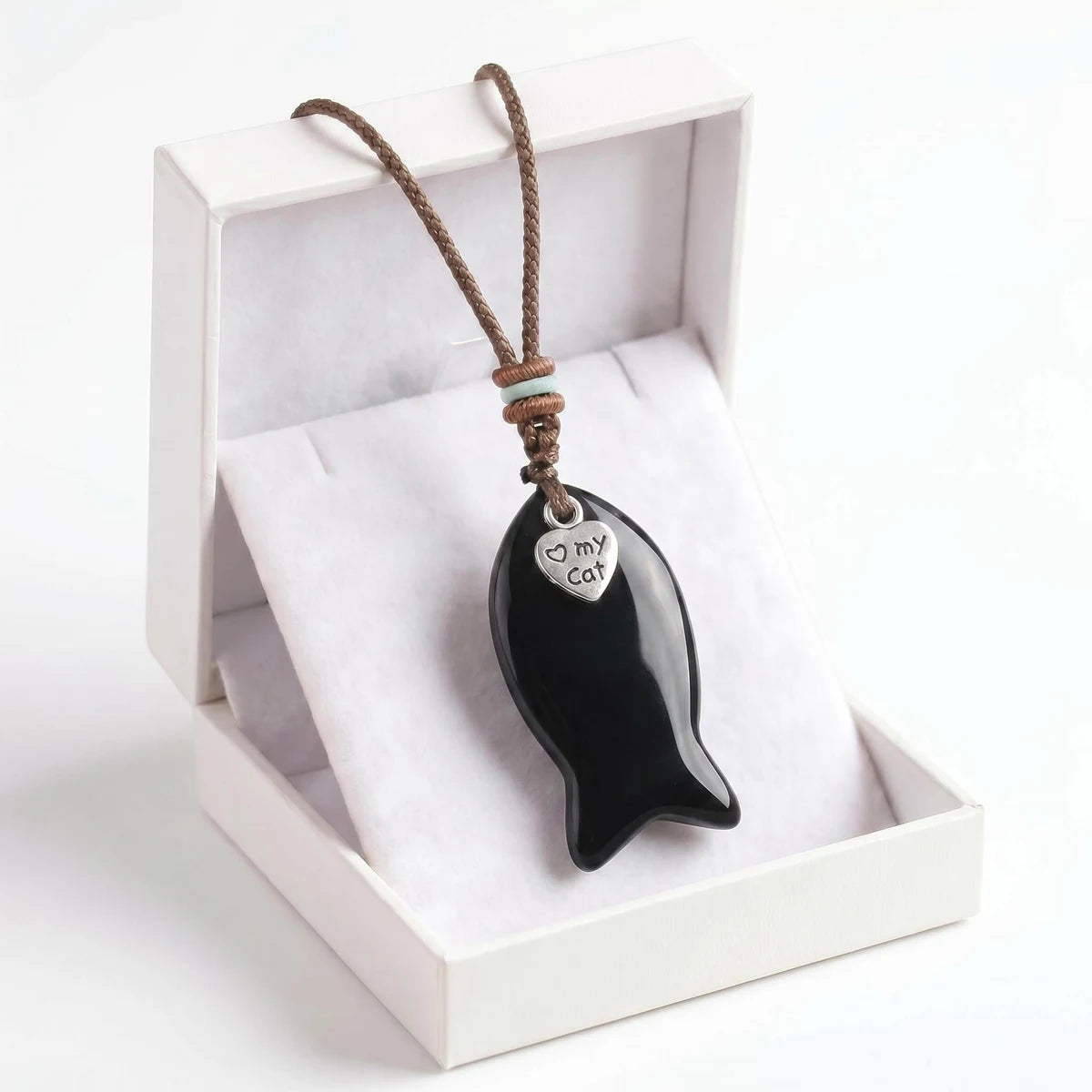 Black Obsidian Adjustable Braided Rope Choker Necklace with Gemstone Fish & I Love My Cat Metal Heart Charm Gift with Box