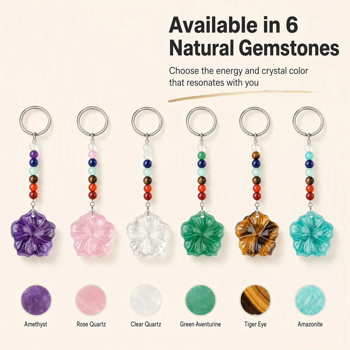 Natural Gemstone Flower Keychain with 7 Chakra Stone Beads Chain Hand Carved Gemstone Keyring Charm for Gift