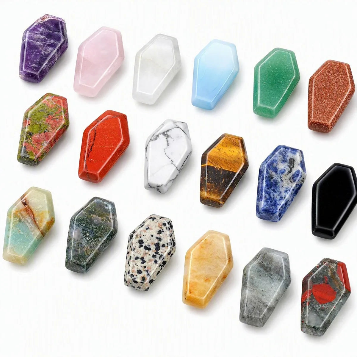 Polished Crystal Coffin Stone Carving 30mm Natural Quartz Obsidian Tiger Eye Coffin Ornament for Halloween Party Home Decoration
