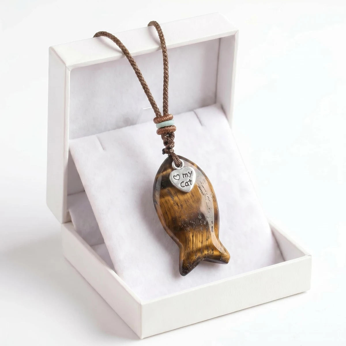 Yellow Tiger Eye Adjustable Braided Rope Choker Necklace with Gemstone Fish & I Love My Cat Metal Heart Charm Gift with Box