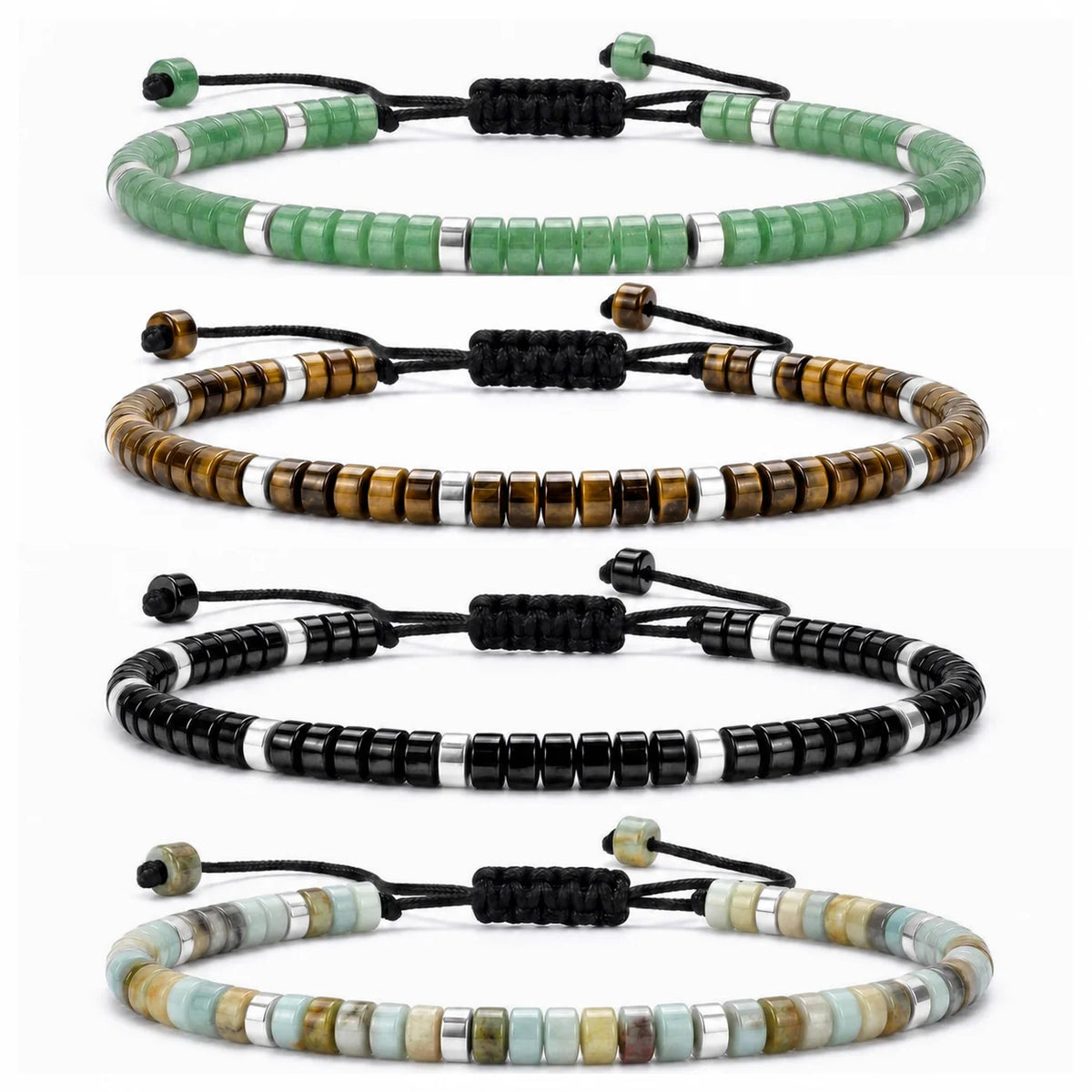 Dainty 4MM Gemstone Heishi Braided Bracelet Silver Accent Spacer Beads Handmade Woven Stackable Bracelet for Women #SB3151