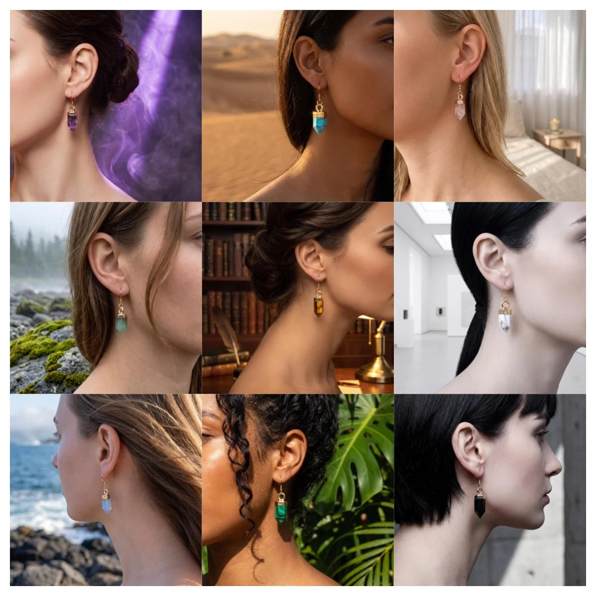 Natural Gemstone Hexagonal Prism Dangle Earrings For Women Girl Healing Chakra Crystal Bullet Point Drop Earrings Daily Wear #SPE2057