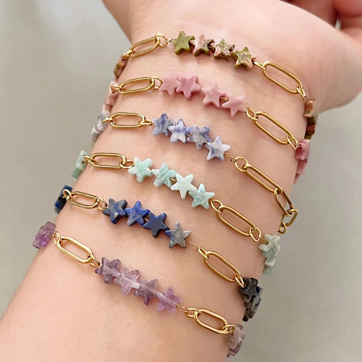 Natural Stone Star Bead Bracelet Stainless Steel Paperclip Link Chain Adjustable Layering Wrist Bracelets for Female #SB3162