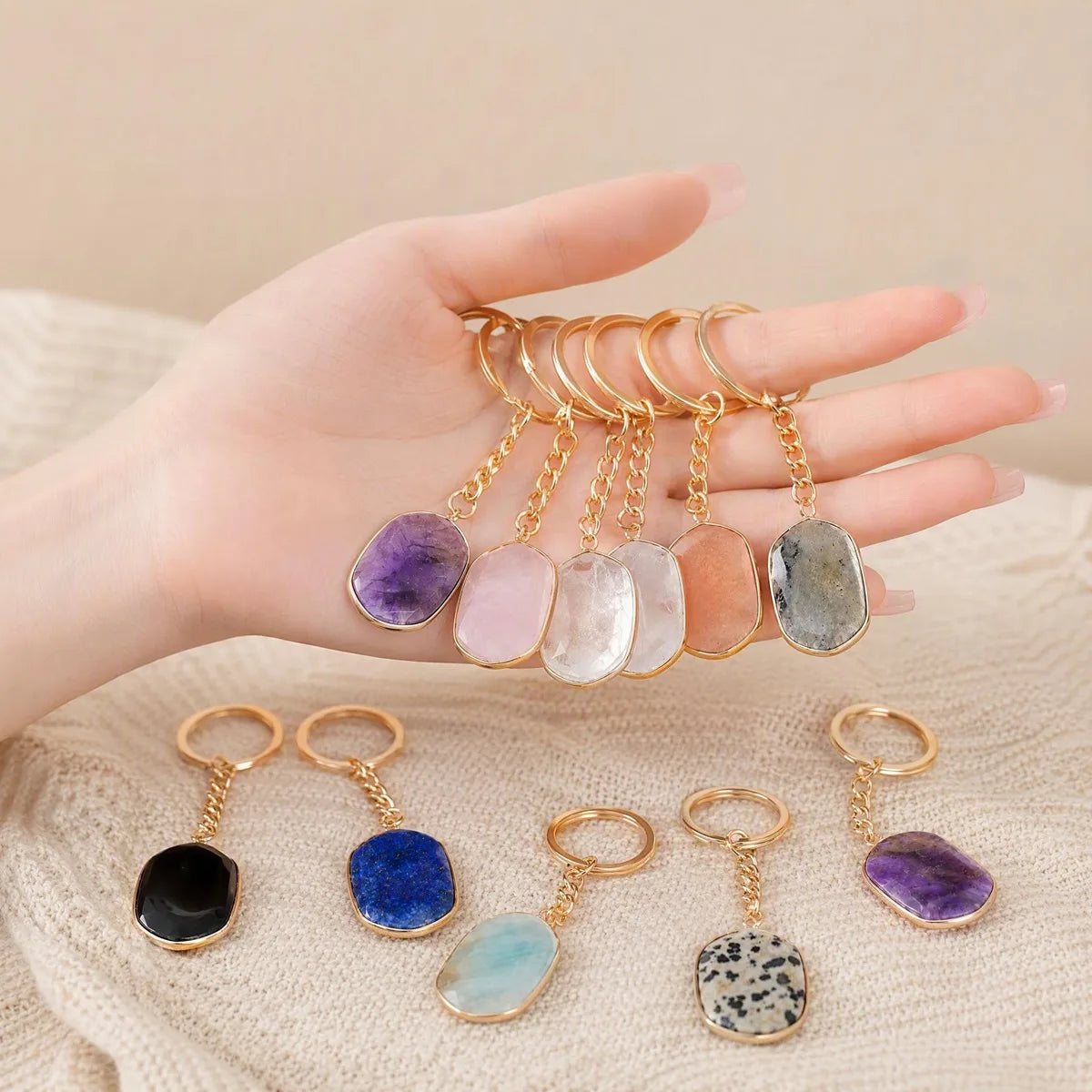 Natural Stone Keychains Gold Plated Faceted Rectangle Crystal Charms Ring for Car Keys Handbag Pendant Jewelry Making #KC2059