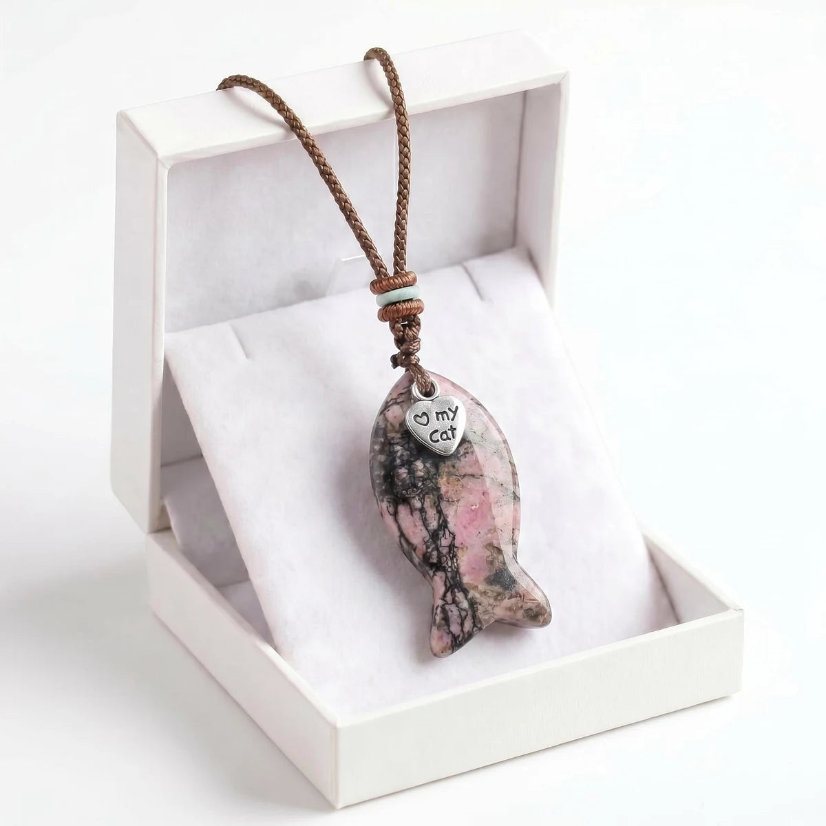 Rhodochrosite Braided Rope Choker Necklace with Gemstone Fish & I Love My Cat Metal Heart Charm Gift with Box