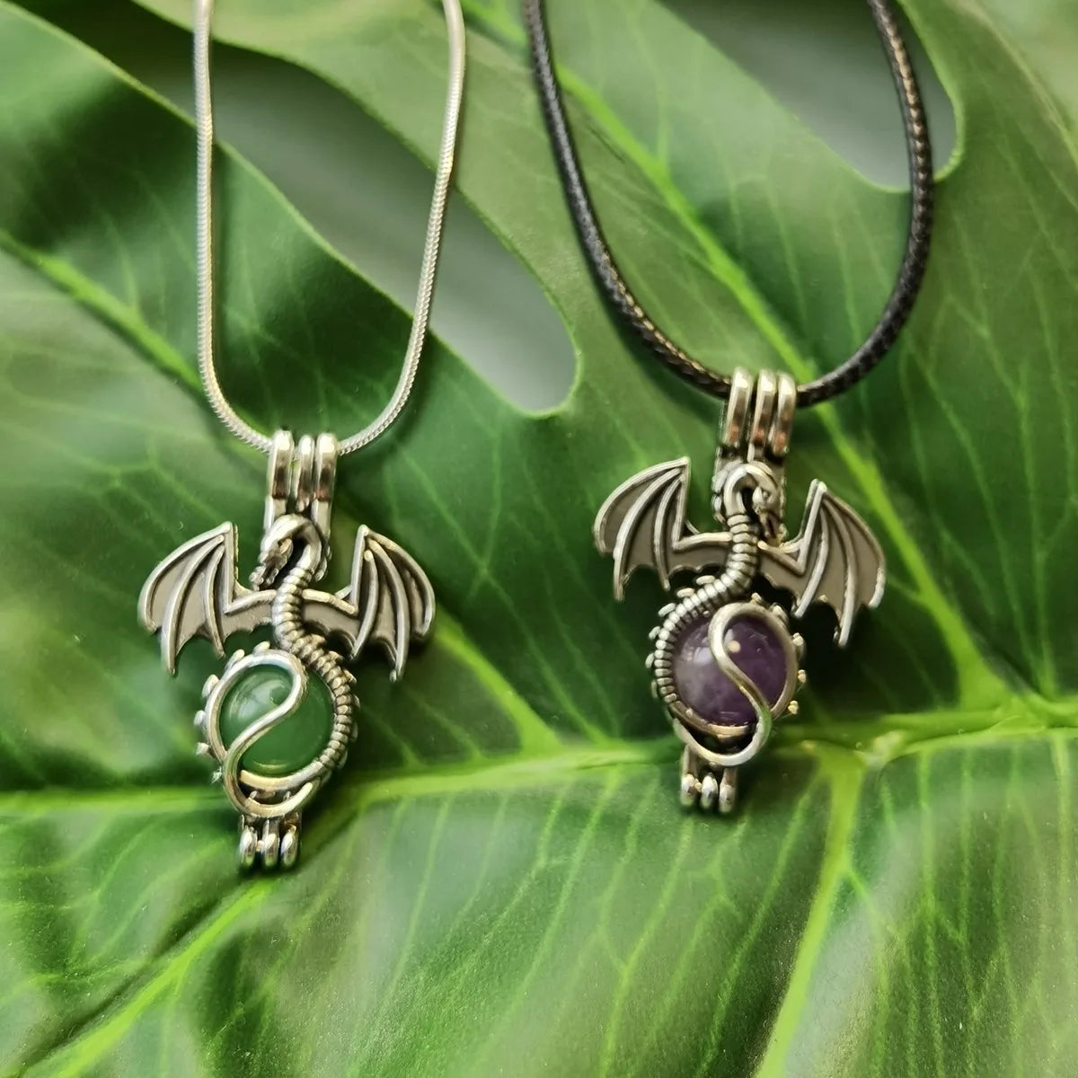Natural Crystal Ball Dragon Necklace, Antique Silver Framework Pterosaur Pendant, Unisex Medieval Fantasy Statement Gift