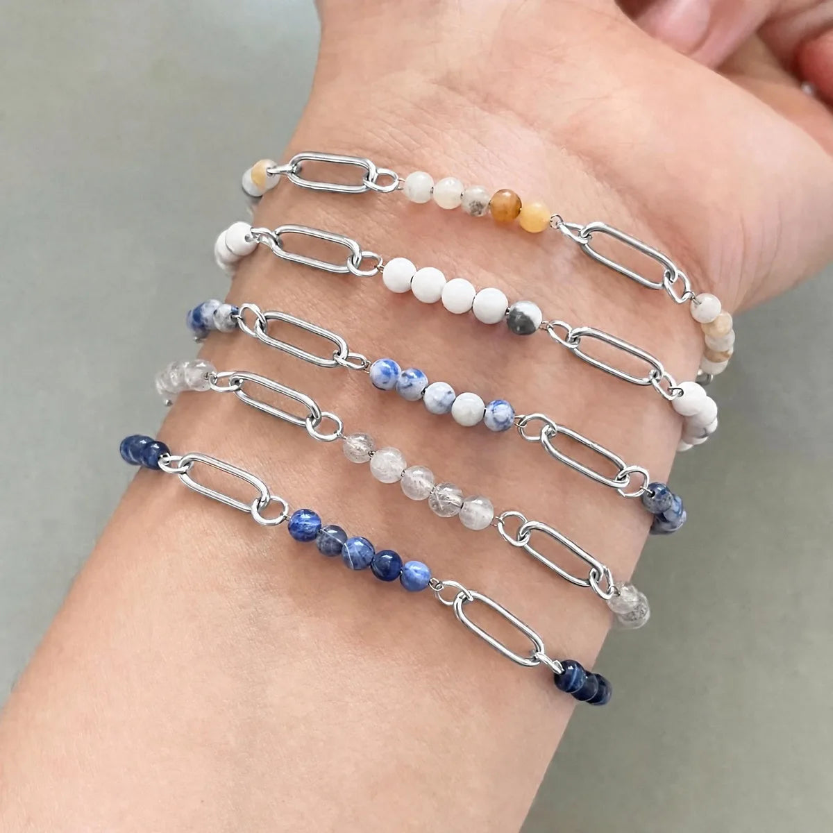Stainless Steel Paperclip Chain Bracelet 4mm Natural Gemstone Bead Adjustable Dainty Layering Bracelet for Women #SB3161