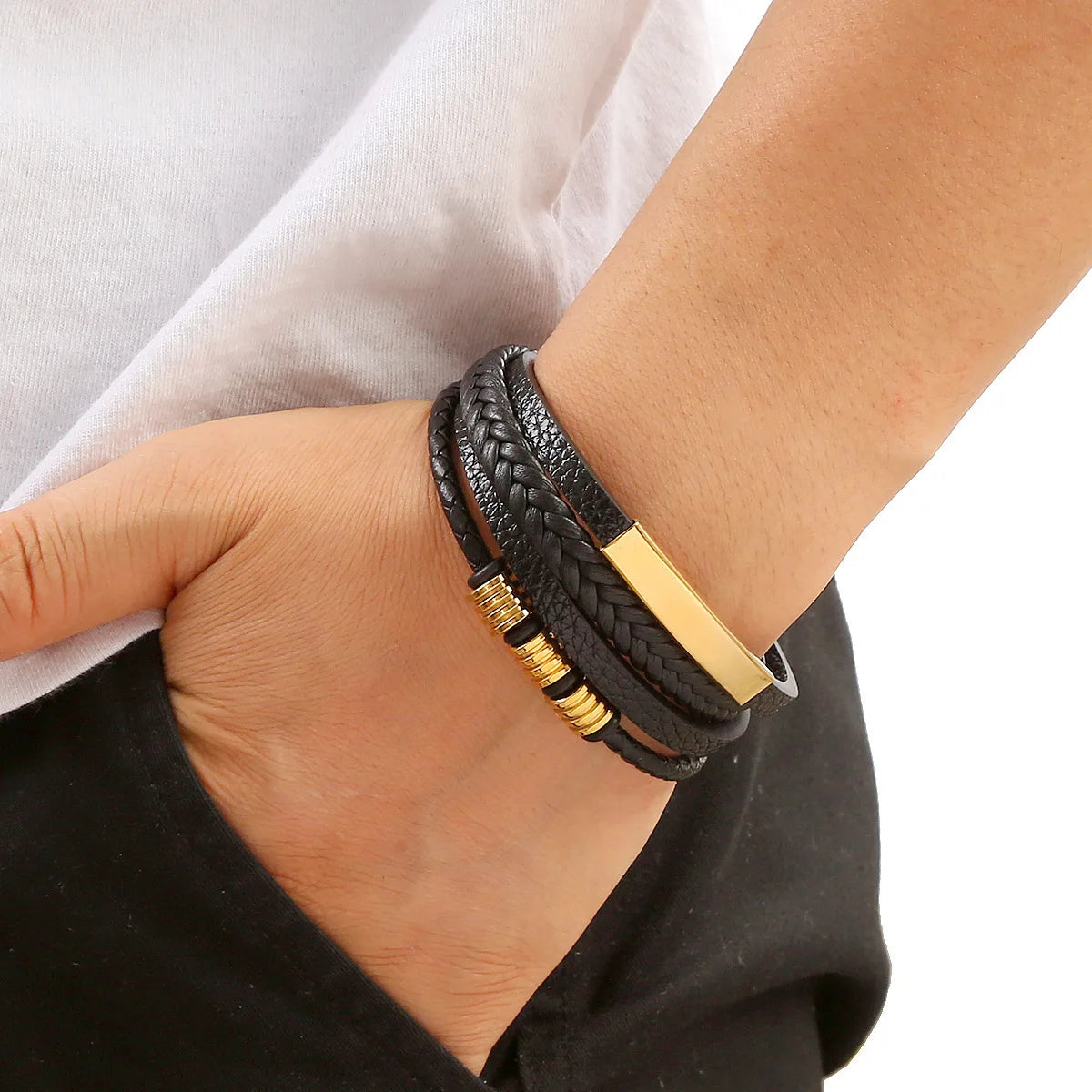 Men Punk Multilayer Braided Leather Bracelet Stainless Steel Magnetic Clasp Male Wristband Fashion Jewelry