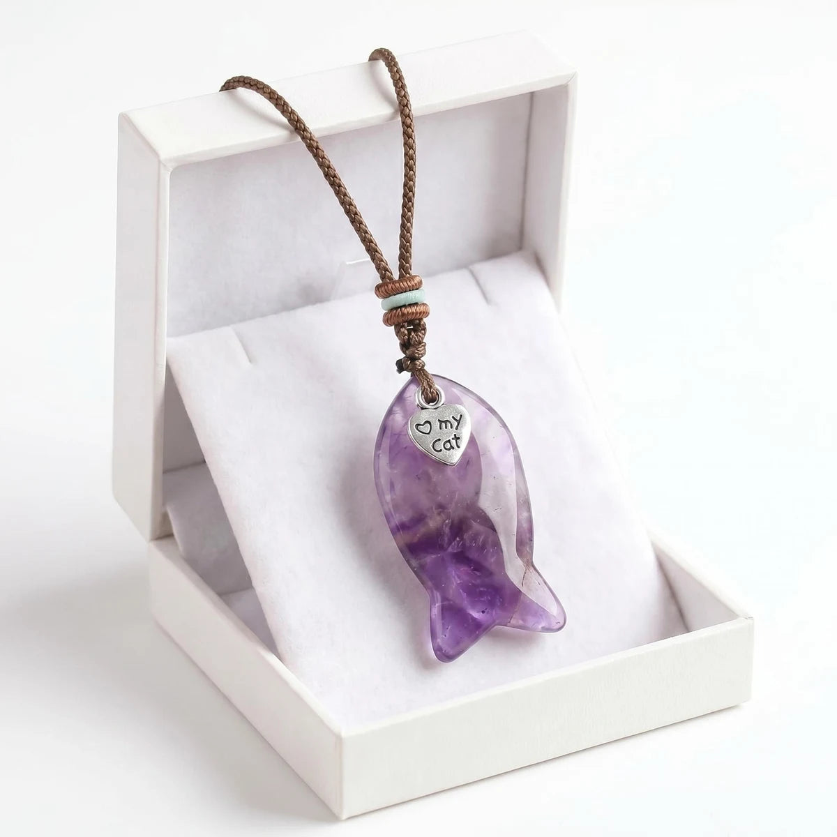 Amethyst Adjustable Braided Rope Choker Necklace with Gemstone Fish & I Love My Cat Metal Heart Charm Gift with Box
