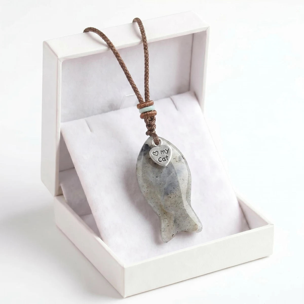 Labradorite Adjustable Braided Rope Choker Necklace with Gemstone Fish & I Love My Cat Metal Heart Charm Gift with Box