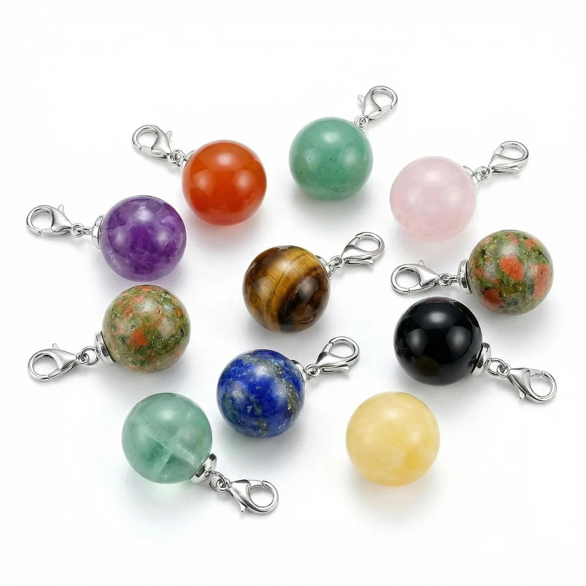 10MM Gemstone Round Ball Pendant Bag Charms for DIY Making Jewelry Silver Lobster Clasp Crystal Sphere Healing Chakra