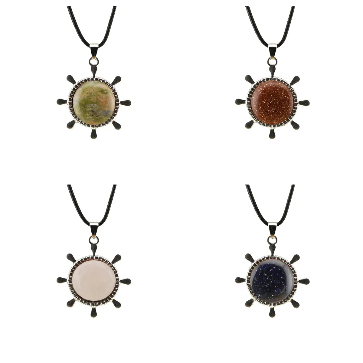 Nautical Ship Wheel Crystal Pendant Necklace, Natural Gemstone Round Cabochon Rudder Charm, Vintage Nautical Protection Jewelry Gift for Women & Men