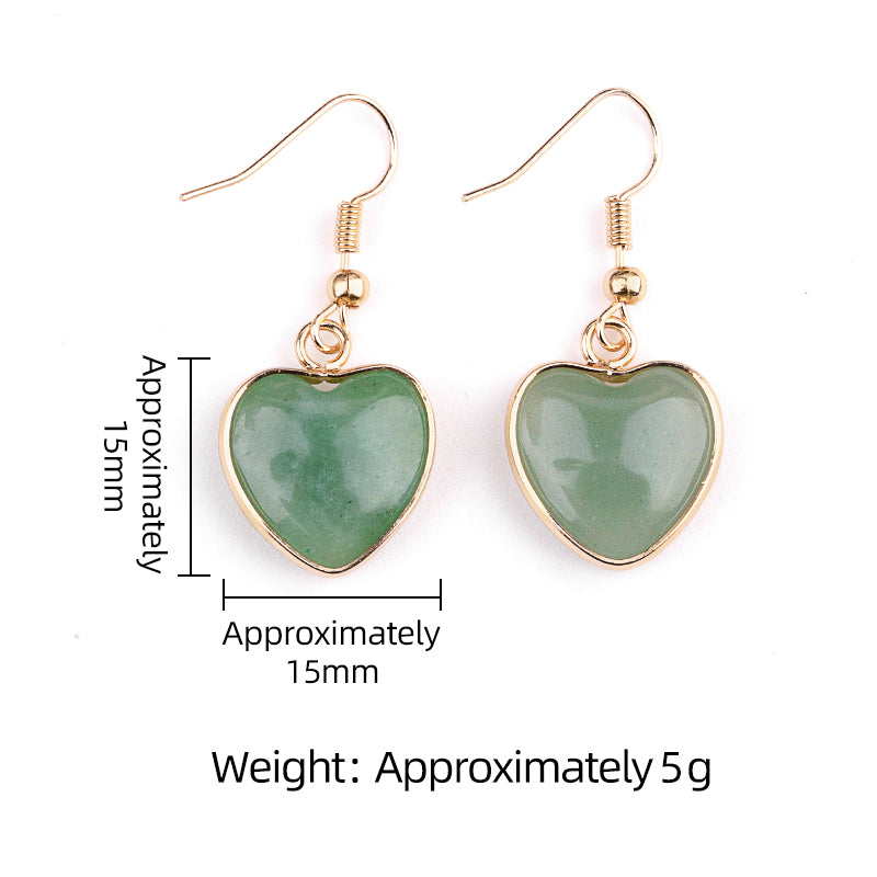 Natural Heart Gemstone Dangle Earrings - 15mm Polished Crystal Healing Pendant Charms, Dainty Gold Drop Earrings for Women & Girls