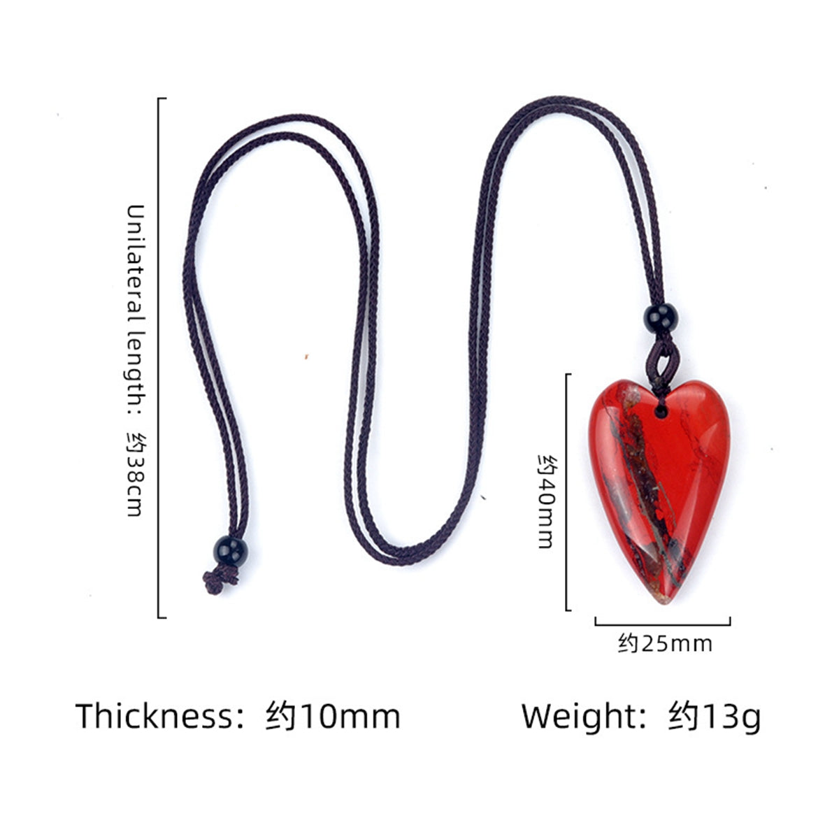 Long Heart Gemstone Pendant Necklace for Women Men Adjustable Black Rope