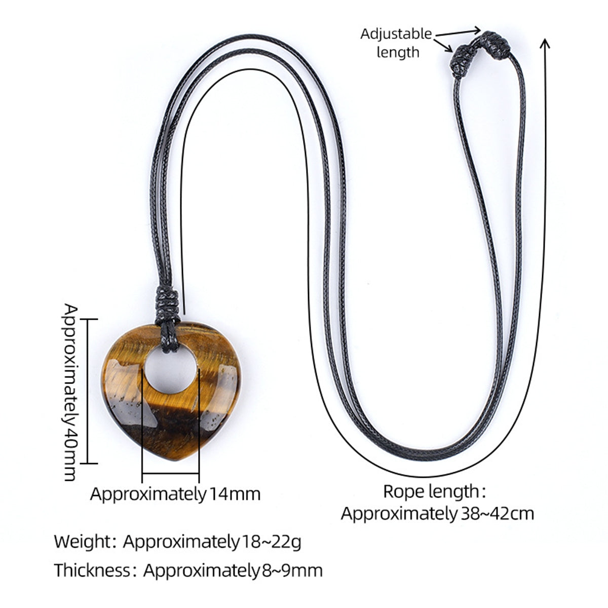40mm Natural Gemstone Heart Pendant Necklace - Adjustable Black Rope, Healing Crystal Jewelry for Women & Men