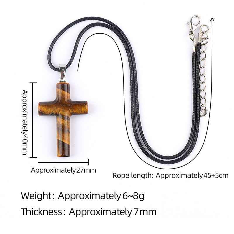 Natural Gemstone Cross Pendant Necklace for Women Men 45CM Black Rope Chain 27x40mm Stone Charms