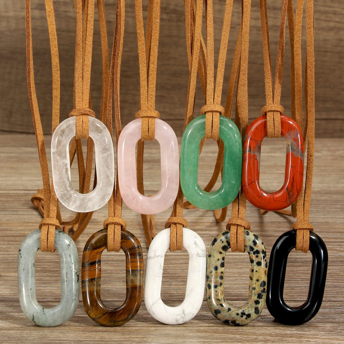 Hand-Polished Hollow O-Shape Gemstone Pendant, 25×40mm Adjustable Rope Necklace, Unique Natural Crystal Daily Wear Jewelry