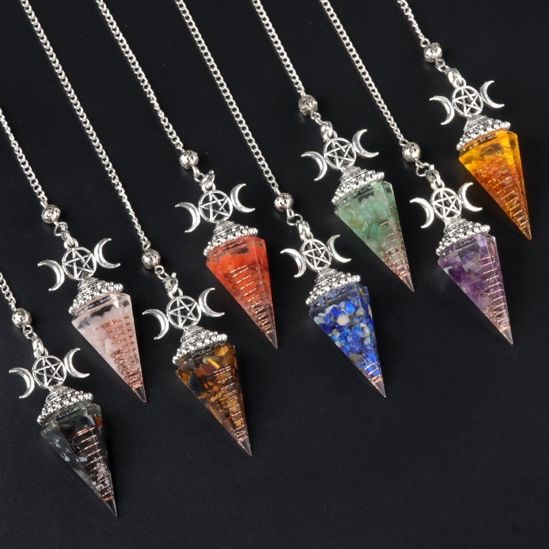 Triple Moon Pentacle Orgone Pendulum Pendant Resin Crystal Dowsing Charm Chain for Wicca & Spiritual Jewelry